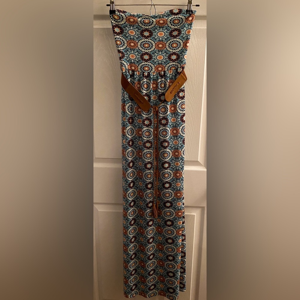 I’m in Love with Derek Strapless Boho Belted Maxi Dress Size Small Blues & Brown - Picture 1 of 5